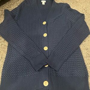 L.L. Bean Dark Blue Textured Cardigan with Tan Buttons